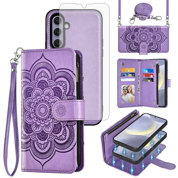 Asuwish Phone Case for Samsung Galaxy S24 Plus S24+ 5G Zipper Wallet Magnetic Detachable Cell Cover with Tempered Glass Screen Protector Crossbody Strap Flower Card Holder Slot S24Plus Women Purple