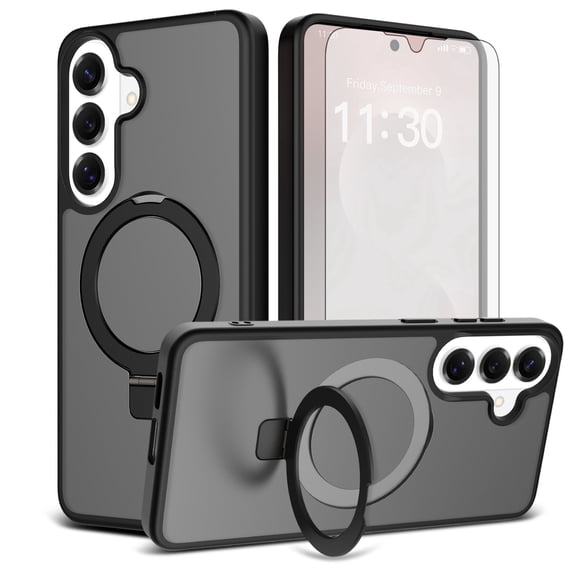 Asuwish Phone Case for Samsung Galaxy S24 Plus/S25 Plus S24+ S25+ 5G Tempered Glass Screen Protector Magnetic Folding Stand Frosted Translucent Rugged Shockproof Protective Cell Cover SM-S936U Black