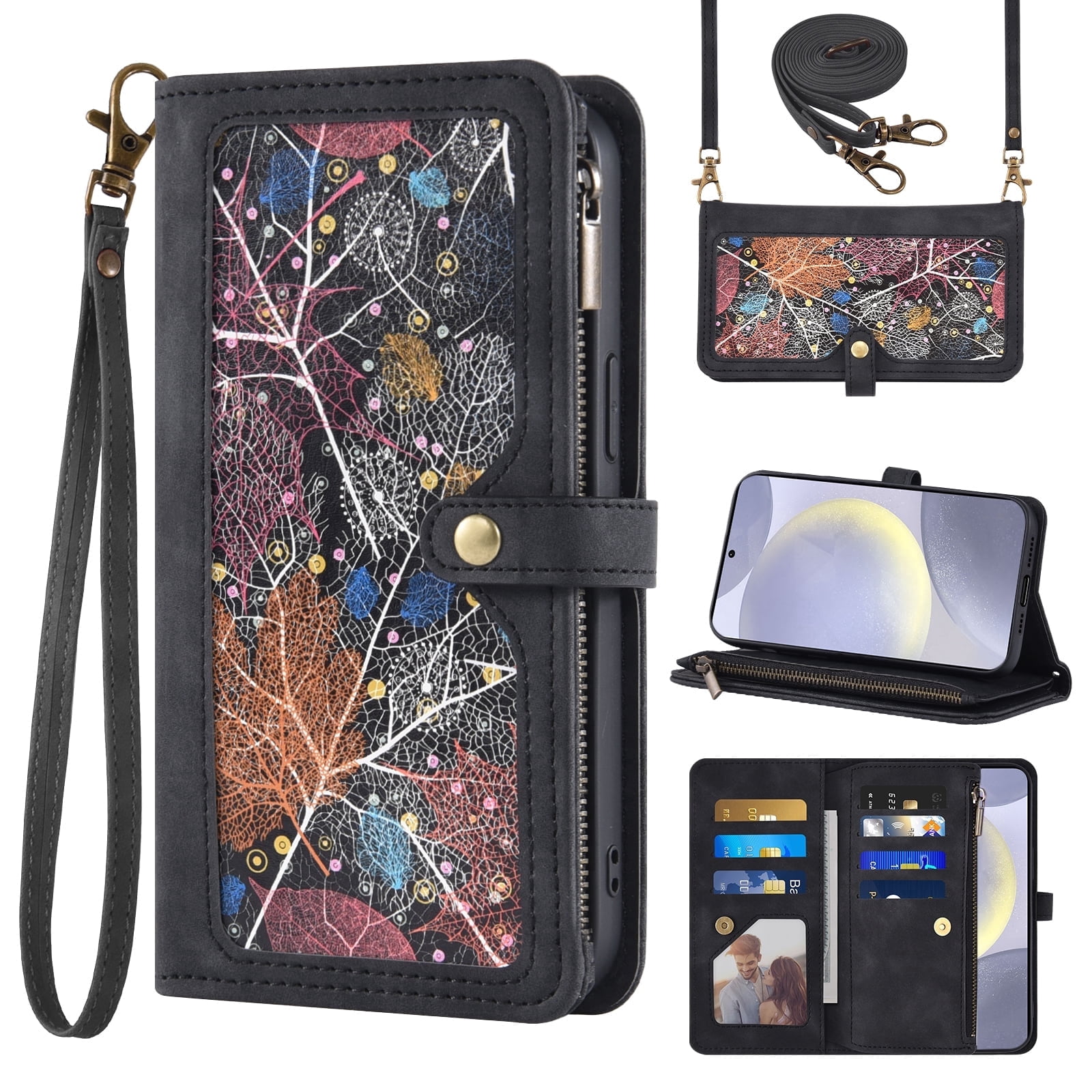Asuwish Phone Case for Samsung Galaxy S24 Plus/S25 Plus S24+ S25+ 5G Wallet Cover With Screen Protector Flip Pattern Zipper Card Holder Cell S24Plus 24S + S 24 24+ S25Plus 25S 25+ SM-S936U Men Black