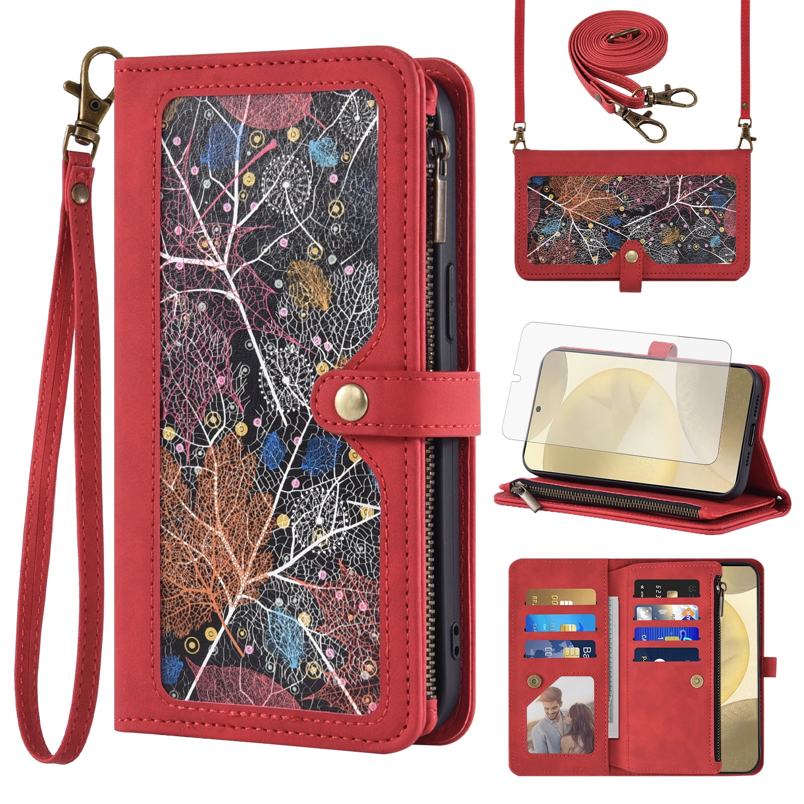 Asuwish Phone Case for Samsung Galaxy S24/S25 5G Wallet Cover With Tempered Glass Screen Protector Crossbody Wrist Strap Flip Pattern Zipper Credit Card Holder Cell S 24 24S 25 25S G5 SM-S931U Red