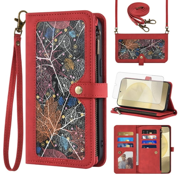 Asuwish Phone Case for Samsung Galaxy S24/S25 5G Wallet Cover With Tempered Glass Screen Protector Crossbody Wrist Strap Flip Pattern Zipper Credit Card Holder Cell S 24 24S 25 25S G5 SM-S931U Red