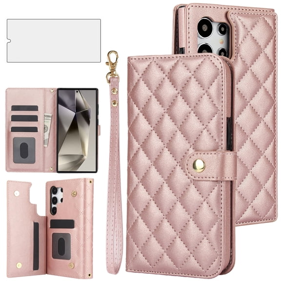 Asuwish Phone Case for Samsung Galaxy S24 Ultra 5G Wallet Cell Cover with Tempered Glass Screen Protector Lanyard Wrist Strap Card Holder Slot Stand S24Ultra 24S S 24 24Ultra Women Girls RoseGold