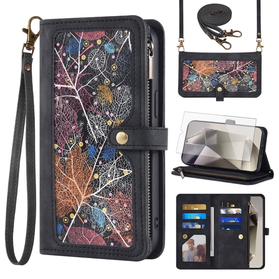 Asuwish Phone Case for Samsung Galaxy S24 Ultra 5G Wallet Cover With Tempered Glass Screen Protector Crossbody Wrist Strap Flip Pattern Zipper Credit Card Holder Cell S24Ultra 24S S 24 24Ultra Black
