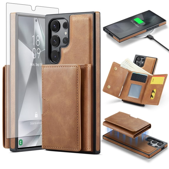 Asuwish Phone Case for Samsung Galaxy S24 Ultra 5G Wallet Magnetic Detachable Cell Cover with Wireless Charging and RFID Blocking Credit Card Holder Flip Stand S24Ultra 24S S 24Ultra Women Men Brown