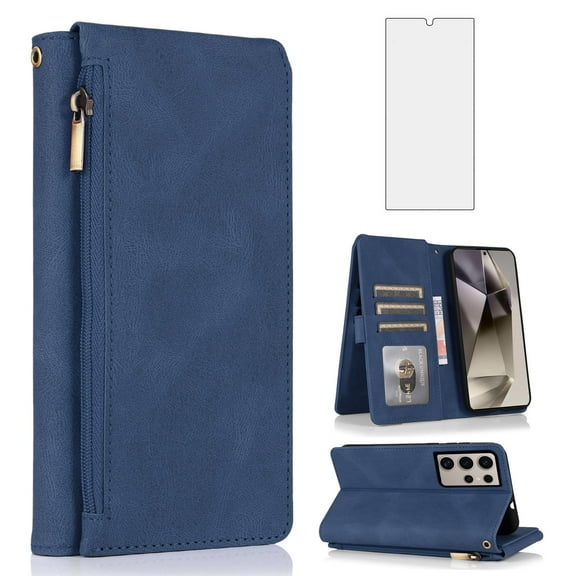 Asuwish Phone Case for Samsung Galaxy S24 Ultra 5G Wallet Mobile Credit Cell Cover with Tempered Glass Screen Protector Flip Zipper Stand Card Holder Slot S24Ultra 24S S 24 24Ultra Women Men Blue