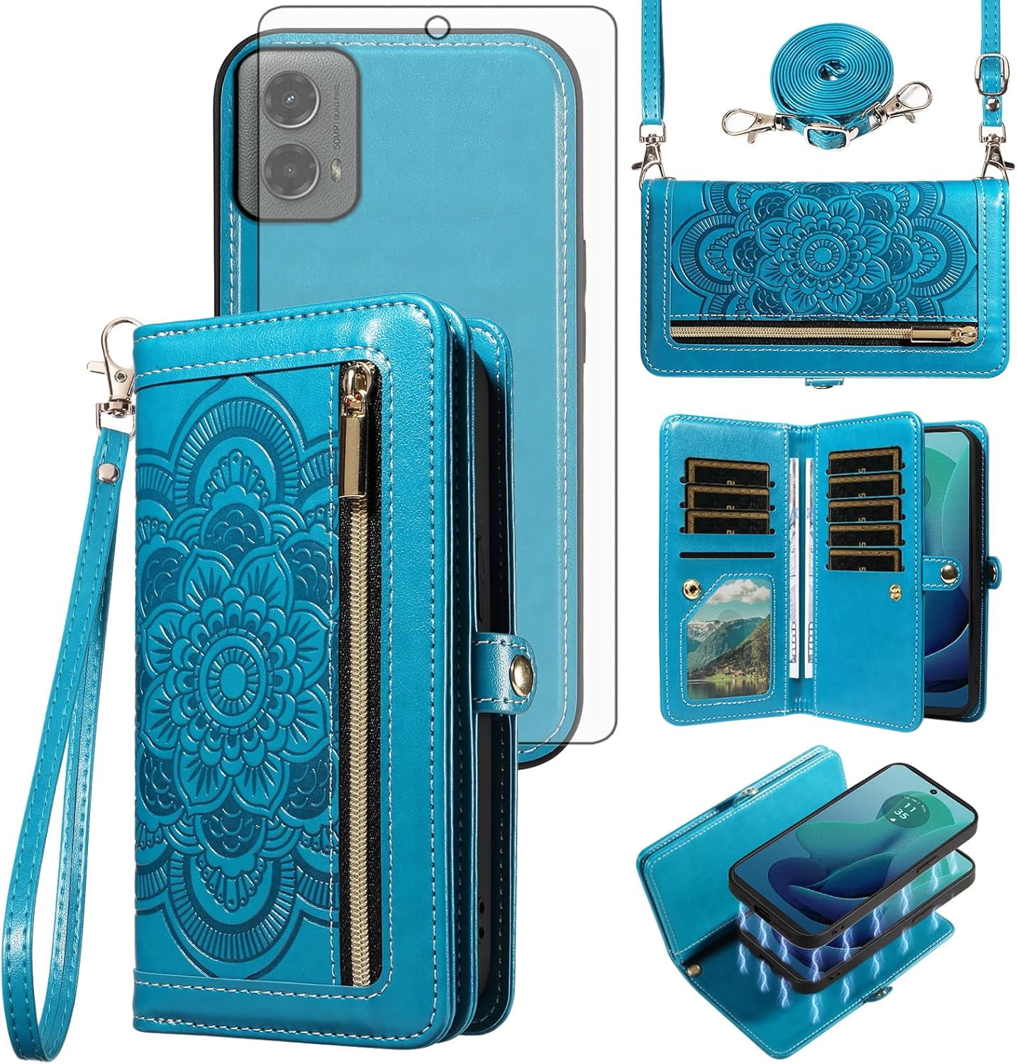 Asuwish Phone Case for Samsung Galaxy S24 Ultra 5G Zipper Wallet Detachable Cell Cover with Tempered Glass Screen Protector Lanyard Strap Flower Flip Card Holder S24Ultra 24S S 24 24Ultra Women Blue