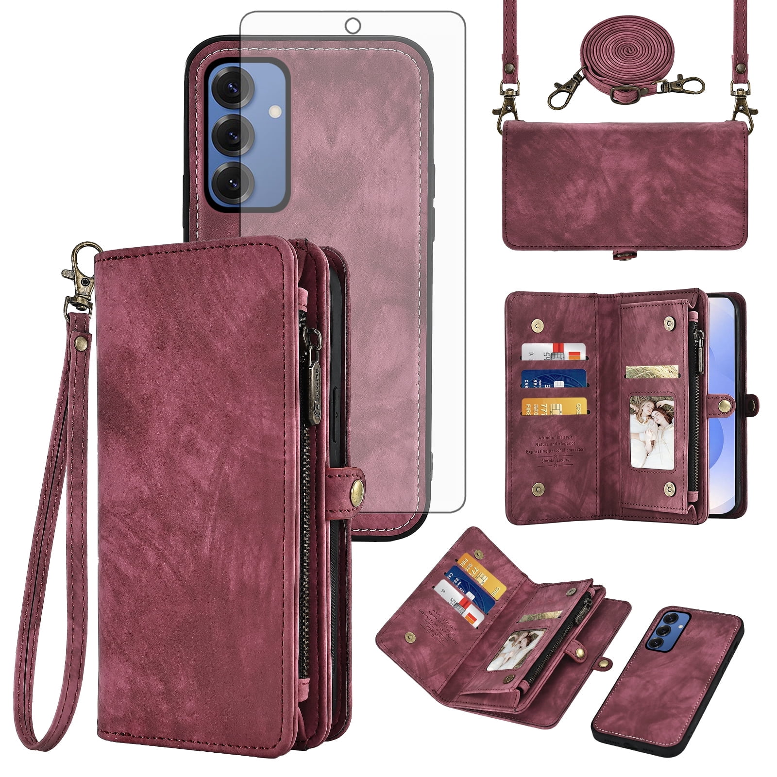 Asuwish Phone Case for Samsung Galaxy S25 5G Zipper Wallet Detachable Cell Cover with Tempered Glass Screen Protector Crossbody Lanyard Strap Flip Card Holder Slot S 25 25S SM-S931U Women Girls Red