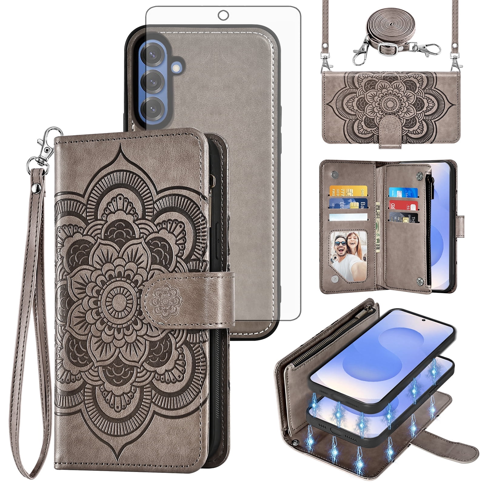 Asuwish Phone Case for Samsung Galaxy S25 5G Zipper Wallet Magnetic Detachable Cell Cover with Tempered Glass Screen Protector Crossbody Strap Flower Card Holder Slot S 25 25S G5 Women Girls Grey
