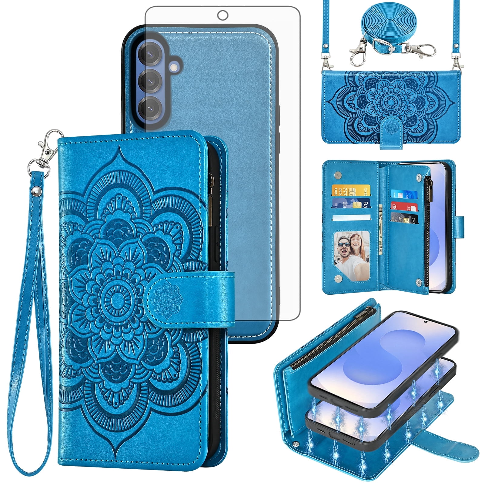 Asuwish Phone Case for Samsung Galaxy S25 5G Zipper Wallet Magnetic Detachable Cell Cover with Tempered Glass Screen Protector Crossbody Strap Flower Card Holder Slot S 25 25S G5 Women Girls Blue