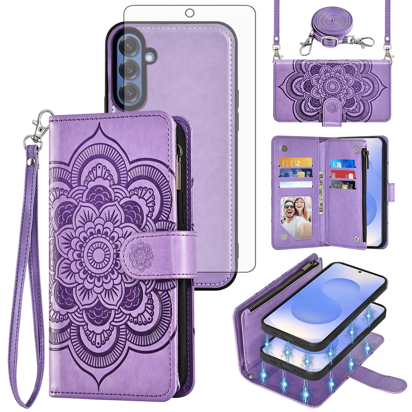 Asuwish Phone Case for Samsung Galaxy S25 5G Zipper Wallet Magnetic Detachable Cell Cover with Tempered Glass Screen Protector Crossbody Strap Flower Card Holder Slot S 25 25S G5 Women Girls Purple