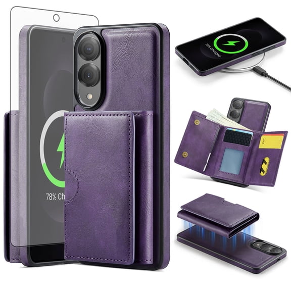 Asuwish Phone Case for Samsung Galaxy S25 Edge 5G Wallet Magnetic Detachable Cell Cover with Wireless Charging and RFID Blocking Credit Card Holder Flip Stand S25Edge 25S S 25 25Edge Women Men Purple