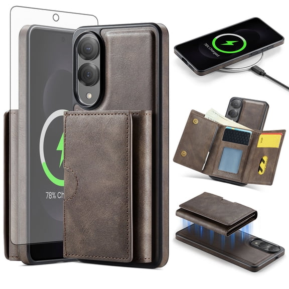Asuwish Phone Case for Samsung Galaxy S25 Edge 5G Wallet Magnetic Detachable Cell Cover with Wireless Charging and RFID Blocking Credit Card Holder Flip Stand S25Edge 25S S 25 25Edge Women Men Gray