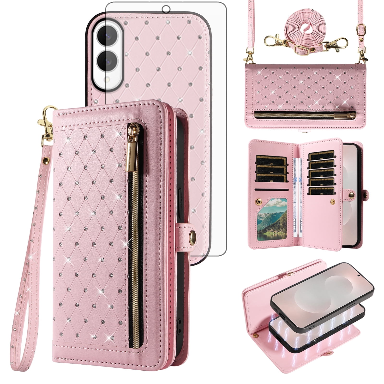 Asuwish Phone Case for Samsung Galaxy S25 Edge 5G Zipper Wallet Detachable Cell Cover with Tempered Glass Screen Protector Crossbody Lanyard Strap Bling Glitter Flip Card Holder Slot S25Edge Pink