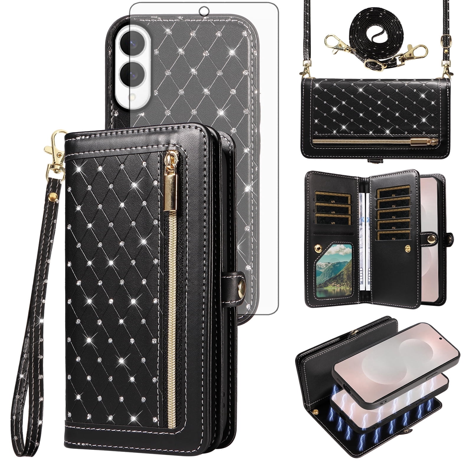 Asuwish Phone Case for Samsung Galaxy S25 Edge 5G Zipper Wallet Detachable Cell Cover with Tempered Glass Screen Protector Crossbody Lanyard Strap Bling Glitter Flip Card Holder Slot S25Edge Black