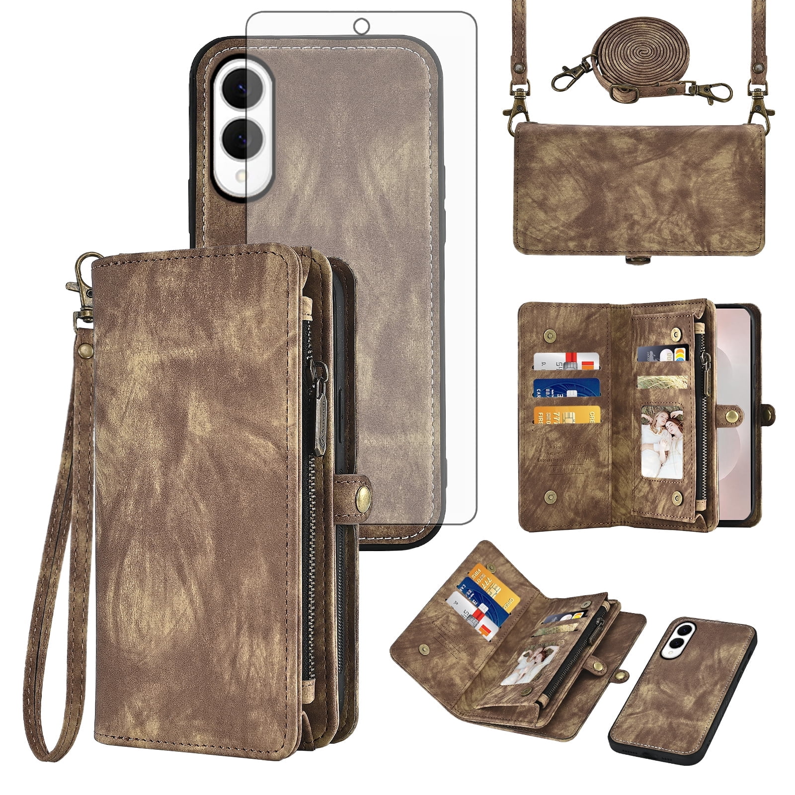Phone Case for Samsung Galaxy S25 Edge Zipper Wallet Detachable Cell Cover with Tempered Glass Screen Protector Crossbody Lanyard Strap Flip Card Holder Slot S25Edge 25S S 25 25Edge Women Brown