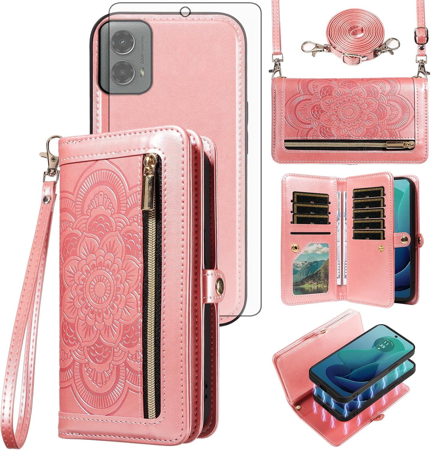 Asuwish Phone Case for Samsung Galaxy S25 Edge Zipper Wallet Detachable Cell Cover with Tempered Glass Screen Protector Crossbody Strap Flower Flip Card Holder S25Edge 25S S 25 25Edge Women Rose Gold