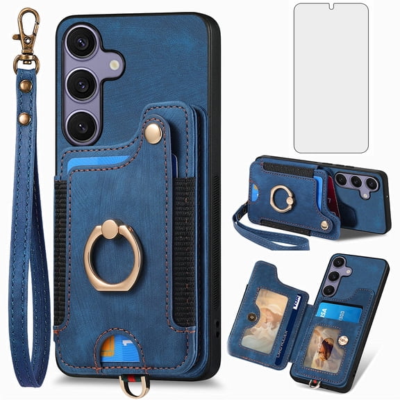 Asuwish Phone Case for Samsung Galaxy S25 FE 5G Wallet Cell Cover with Tempered Glass Screen Protector Slim Lanyard Wrist Strap RFID Ring Stand Credit Card Holder Slot S 25 EF AI S25FE 25S Blue