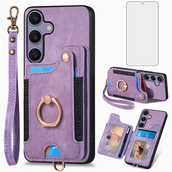 Asuwish Phone Case for Samsung Galaxy S25 FE 5G Wallet Cell Cover with Tempered Glass Screen Protector Slim Lanyard Wrist Strap RFID Ring Stand Credit Card Holder Slot S 25 EF AI S25FE 25S Purple