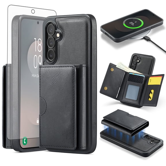 Asuwish Phone Case for Samsung Galaxy S25 FE 5G Wallet Magnetic Detachable Cell Cover with Wireless Charging and RFID Blocking Credit Card Holder Flip Stand Rugged S 25 EF S25FE 25S Women Men Black