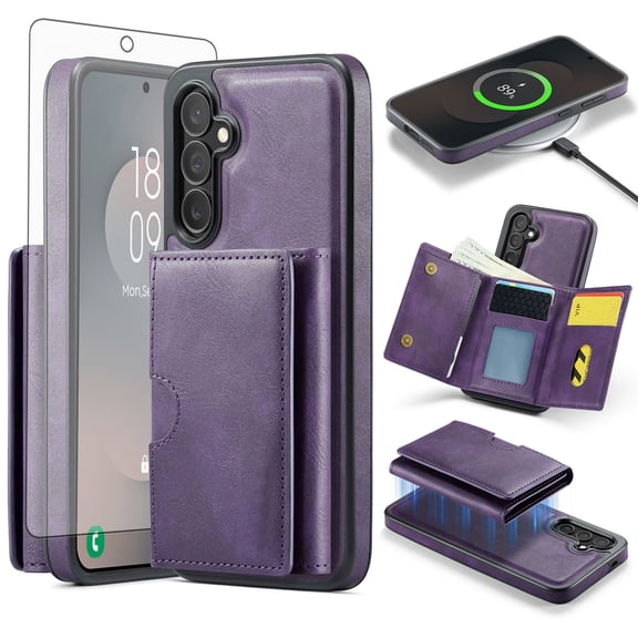 Asuwish Phone Case for Samsung Galaxy S25 FE 5G Wallet Magnetic Detachable Cell Cover with Wireless Charging and RFID Blocking Credit Card Holder Flip Stand Rugged S 25 EF S25FE 25S Women Men Purple