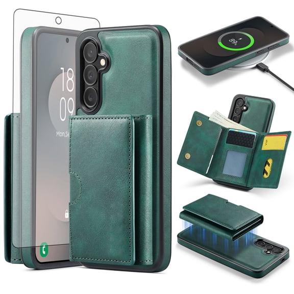Asuwish Phone Case for Samsung Galaxy S25 FE 5G Wallet Magnetic Detachable Cell Cover with Wireless Charging and RFID Blocking Credit Card Holder Flip Stand Rugged S 25 EF S25FE 25S Women Men Green