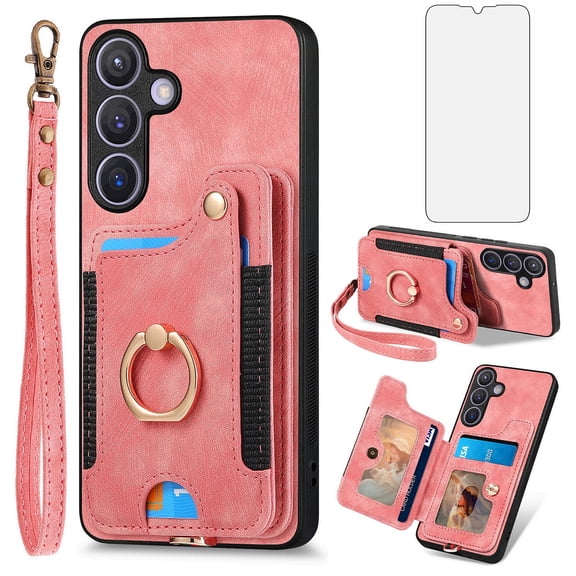 Asuwish Phone Case for Samsung Galaxy S25 Plus S25+ 5G Wallet Cell Cover with Tempered Glass Screen Protector Slim Lanyard Wrist Strap RFID Ring Stand Credit Card Holder Slot S25Plus 25S 25+ Pink