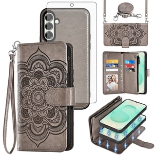 Asuwish Phone Case for Samsung Galaxy S25 Plus S25+ 5G Zipper Wallet Magnetic Detachable Cell Cover with Tempered Glass Screen Protector Crossbody Strap Flower Card Holder Slot S25Plus Women Grey