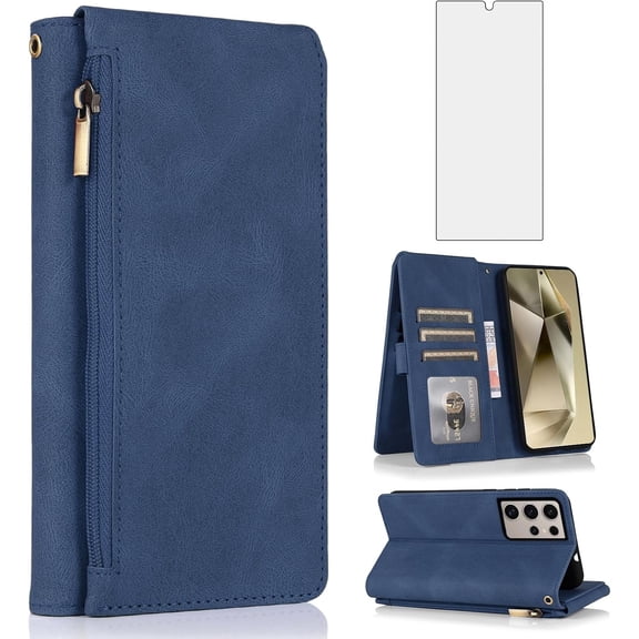 Asuwish Phone Case for Samsung Galaxy S25 Ultra 5G Wallet Mobile Cell Cover with Tempered Glass Screen Protector Flip Zipper Stand Card Holder Slot S25Ultra 25S S 25 25Ultra 6.9 2025 Women Men Blue