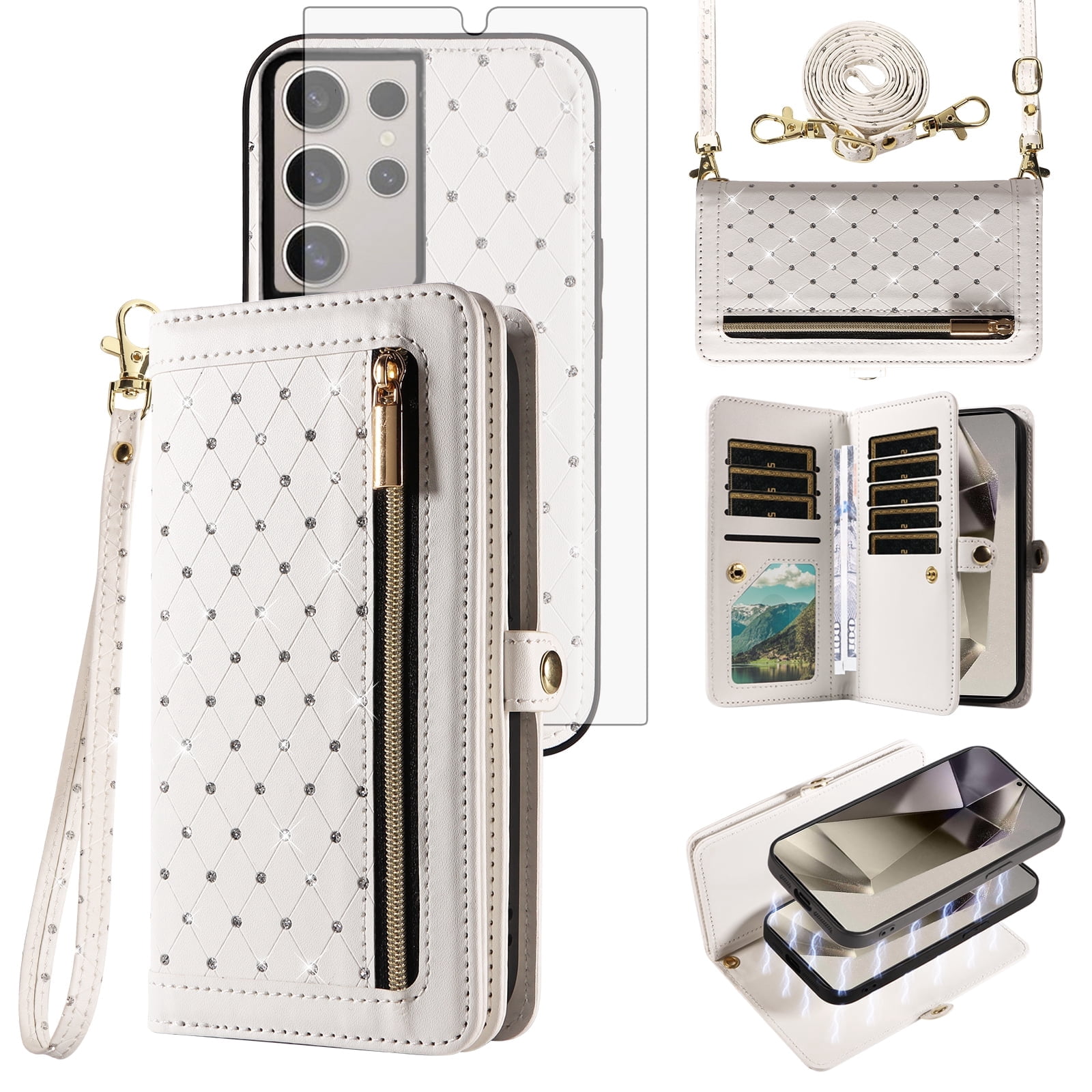 Asuwish Phone Case for Samsung Galaxy S25 Ultra 5G Zipper Wallet Detachable Cell Cover with Tempered Glass Screen Protector Crossbody Lanyard Strap Bling Glitter Flip Card Holder Slot S25Ultra White