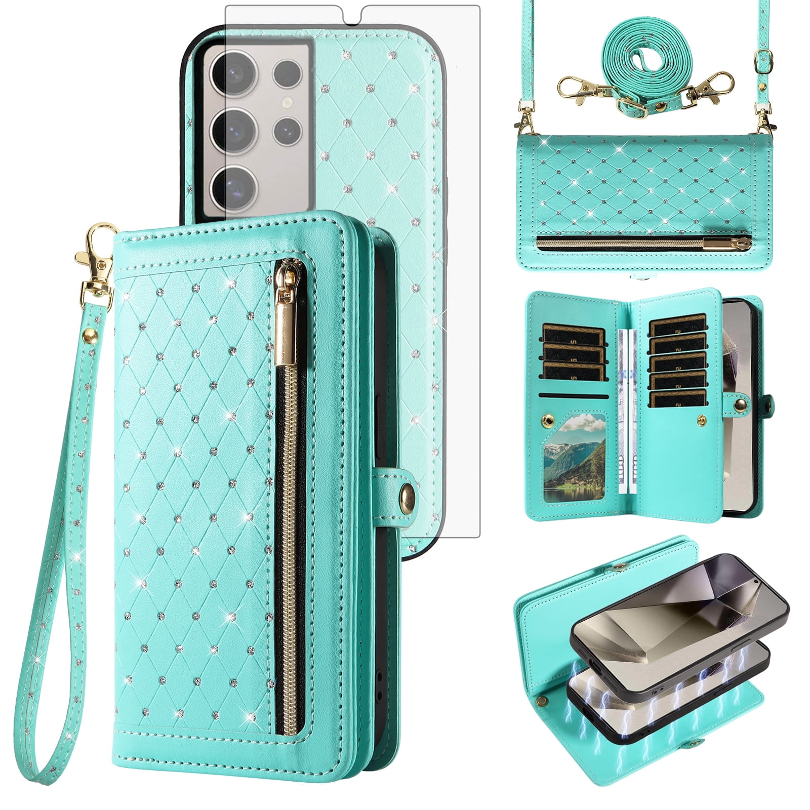 Asuwish Phone Case for Samsung Galaxy S25 Ultra 5G Zipper Wallet Detachable Cell Cover with Tempered Glass Screen Protector Crossbody Lanyard Strap Bling Glitter Flip Card Holder Slot S25Ultra Green
