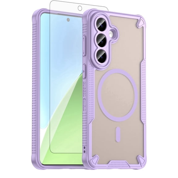 Asuwish Phone Case Compatible with S26 5G Magnetic ring Tempered Glass Screen Protector, Translucent Matte Back Shockproof Protective Cell Cover for S 26 26S GS26 G5 Women Men Purple
