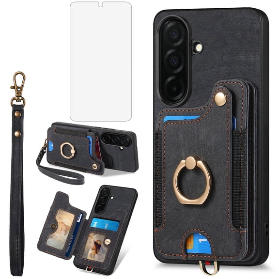 Asuwish Phone Case for Samsung Galaxy S26 5G Wallet Cell Cover with Tempered Glass Screen Protector Slim Lanyard Wrist Strap RFID Ring Stand Credit Card Holder Slot S 26 26S GS26 G5 Women Men Black