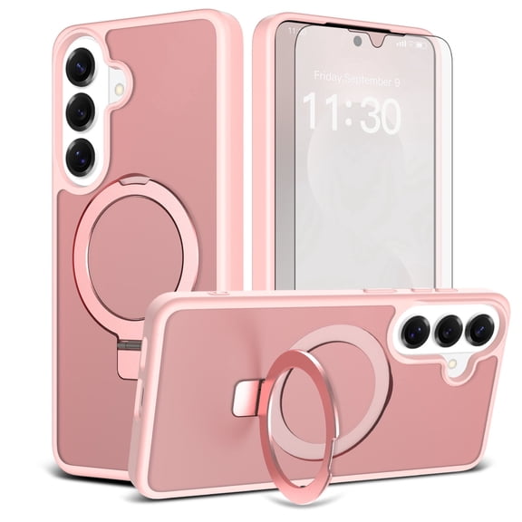 Asuwish Phone Case for Samsung Galaxy S26 Plus S26+ 5G Tempered Glass Screen Protector Magnetic Folding Stand Frosted Translucent Rugged Shockproof Protective Cell Cover S26Plus S 26+ Women Men Pink