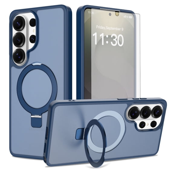Asuwish Phone Case for Samsung Galaxy S26 Ultra 5G Tempered Glass Screen Protector Magnetic Folding Stand Frosted Translucent Rugged Shockproof Protective Cell Cover S26Ultra 26S S 26U Women Men Blue
