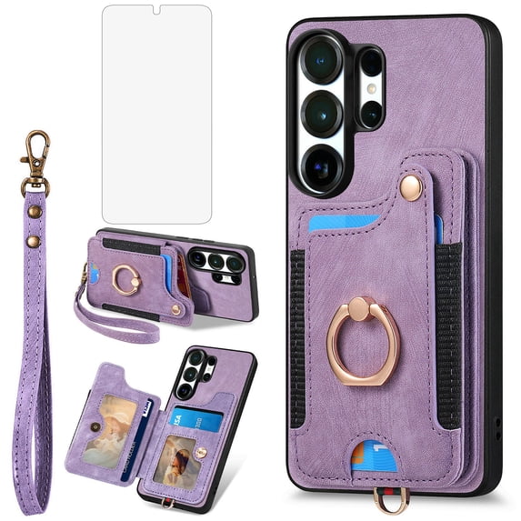 Asuwish Phone Case for Samsung Galaxy S26 Ultra 5G Wallet Cell Cover with Tempered Glass Screen Protector Slim Lanyard Wrist Strap RFID Ring Stand Credit Card Holder Slot S26Ultra 26 Women Men Purple