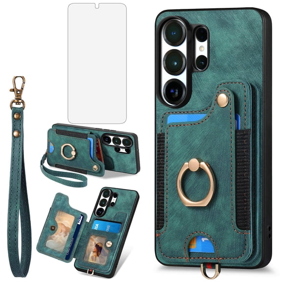 Asuwish Phone Case for Samsung Galaxy S26 Ultra 5G Wallet Cell Cover with Tempered Glass Screen Protector Slim Lanyard Wrist Strap RFID Ring Stand Credit Card Holder Slot S26Ultra 26S Women Men Green