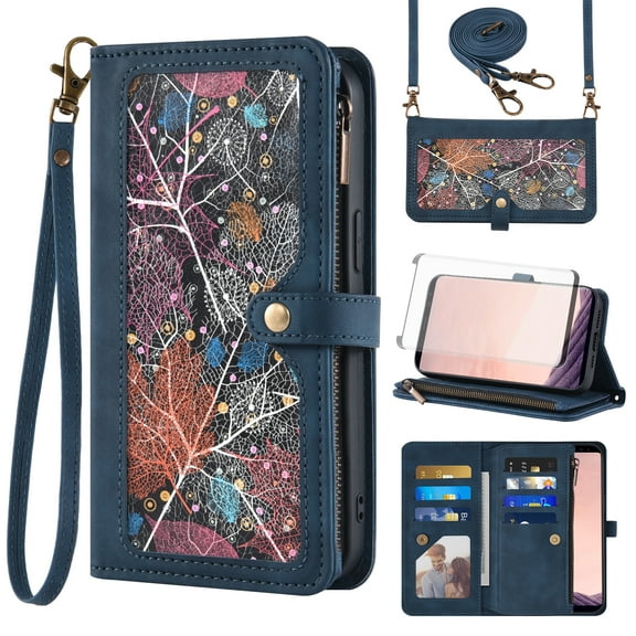 Asuwish Phone Case for Samsung Galaxy S8 Plus Wallet Cover With Tempered Glass Screen Protector Crossbody Wrist Strap Flip Pattern Zipper Card Holder Cell S8plus S 8 8plus 8S Edge S8 SM-G955U Blue