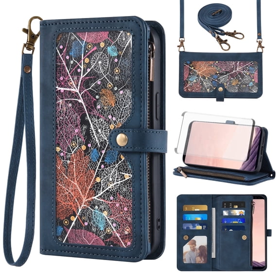 Asuwish Phone Case for Samsung Galaxy S8 Plus Wallet Cover With Tempered Glass Screen Protector Crossbody Wrist Strap Flip Pattern Zipper Card Holder Cell S8plus S 8 8plus 8S Edge S8 SM-G955U Blue