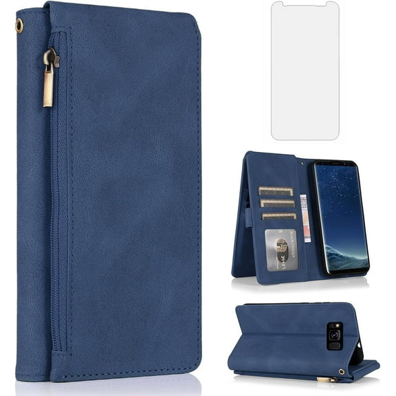 Asuwish Phone Case for Samsung Galaxy S8 Plus Wallet Mobile Cell Cover with Tempered Glass Screen Protector Flip Zipper Stand Card Holder Slot S8plus S 8 8plus 8S Edge S8  SM-G955U Women Men Blue