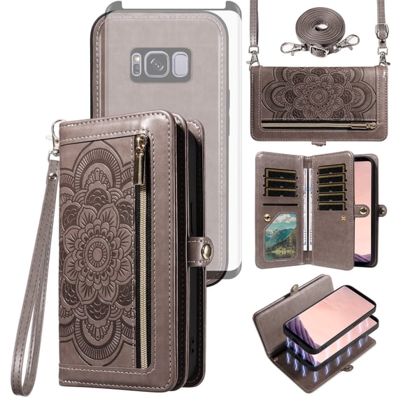 Asuwish Detachable Magnetic Zipper Wallet Phone Case with Flower Pattern and Screen Protector for Samsung Galaxy S8 Plus, Gray