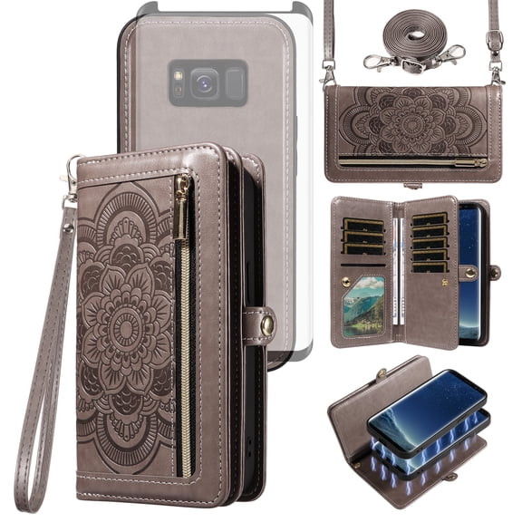 Asuwish Phone Case for Samsung Galaxy S8 Zipper Wallet Detachable Cell Cover with Tempered Glass Screen Protector Crossbody Lanyard Strap Flower Flip Card Holder S 8 8S Edge SM-G950U Women Girls Gray
