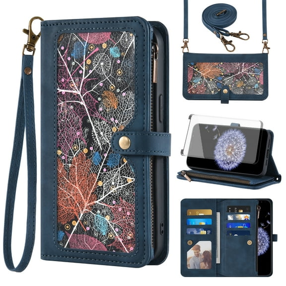 Asuwish Phone Case for Samsung Galaxy S9 Plus Wallet Cover With Tempered Glass Screen Protector Crossbody Wrist Strap Flip Pattern Zipper Credit Card Holder Cell S9  9S 9  S 9 9plus S9plus Women Blue