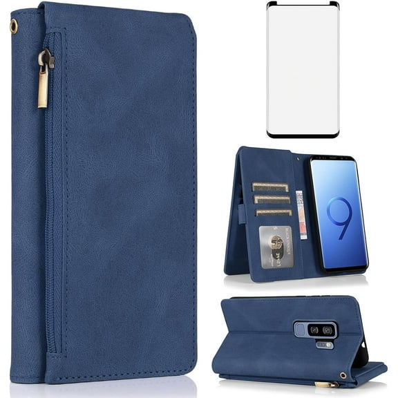 Asuwish Phone Case for Samsung Galaxy S9 Plus Wallet Mobile Accessories Cell Cover with Tempered Glass Screen Protector Flip Zipper Stand Card Holder Slot S9 9S 9 S 9 9plus S9plus Women Men Blue