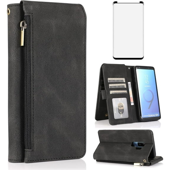 Asuwish Phone Case for Samsung Galaxy S9 Plus Wallet Mobile Accessories Cell Cover with Tempered Glass Screen Protector Flip Zipper Stand Card Holder Slot S9+ 9S 9+ S 9 9plus S9plus Women Men Black