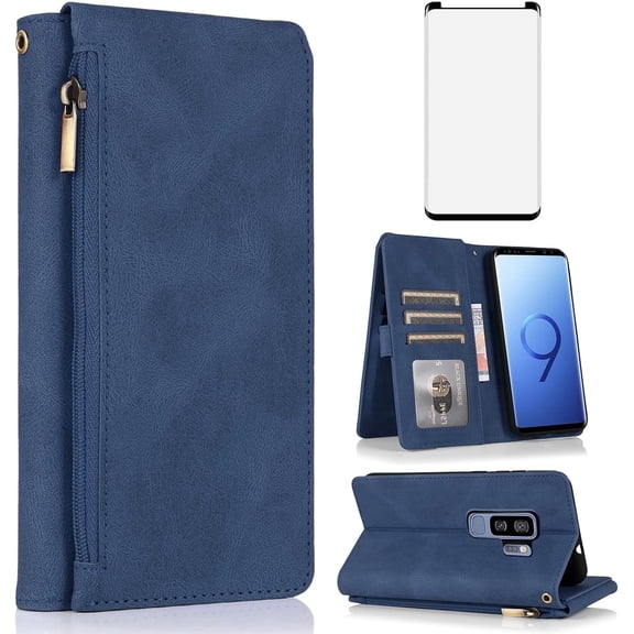 Asuwish Wallet Kickstand Hard Shell Cell Phone Case with Tempered Glass Screen Protector for Samsung Galaxy S9 Plus, Blue