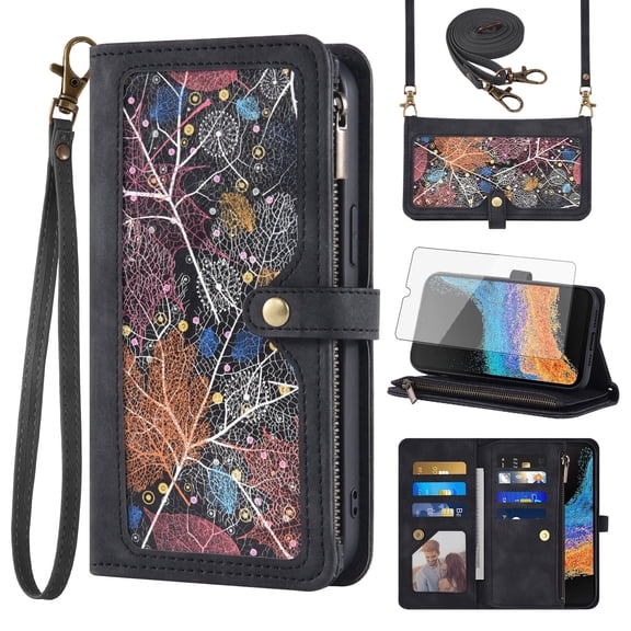 Asuwish Phone Case for Samsung Galaxy XCover 6 Pro/X Cover Pro 2 Wallet Cover With Tempered Glass Screen Protector Crossbody Wrist Strap Flip Pattern Zipper Card Holder Cell XCover6 6Pro 2022 Black