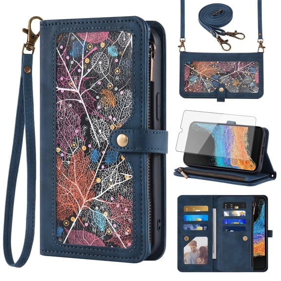 Asuwish Phone Case for Samsung Galaxy XCover 6 Pro/X Cover Pro 2 Wallet Cover With Tempered Glass Screen Protector Crossbody Wrist Strap Flip Pattern Zipper Card Holder Cell XCover6 6Pro 2022 Blue