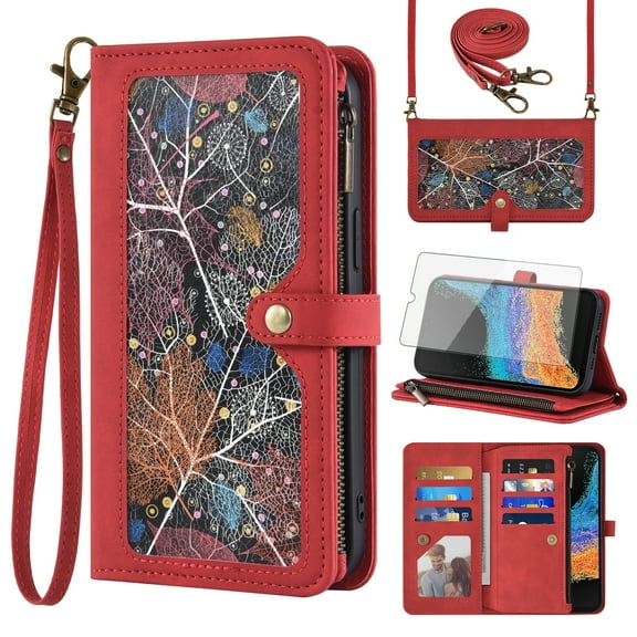 Asuwish Phone Case for Samsung Galaxy XCover 6 Pro/X Cover Pro 2 Wallet Cover With Tempered Glass Screen Protector Crossbody Wrist Strap Flip Pattern Zipper Card Holder Cell XCover6 6Pro 2022 Men Red