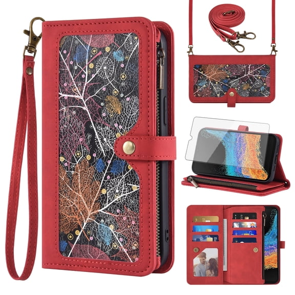 Asuwish Phone Case for Samsung Galaxy XCover 6 Pro/X Cover Pro 2 Wallet Cover With Tempered Glass Screen Protector Crossbody Wrist Strap Flip Pattern Zipper Card Holder Cell XCover6 6Pro 2022 Men Red