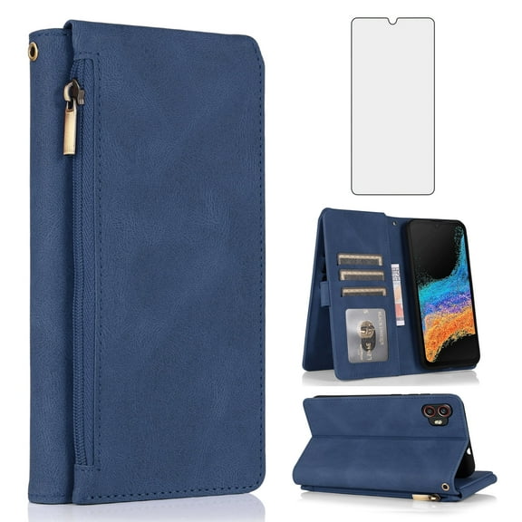 Asuwish Phone Case for Samsung Galaxy XCover 6 Pro/X Cover Pro 2 Wallet Mobile Cash Cell Cover with Tempered Glass Screen Protector Flip Zipper Stand Card Holder Slot XCover6 6Pro 2022 Women Men Blue